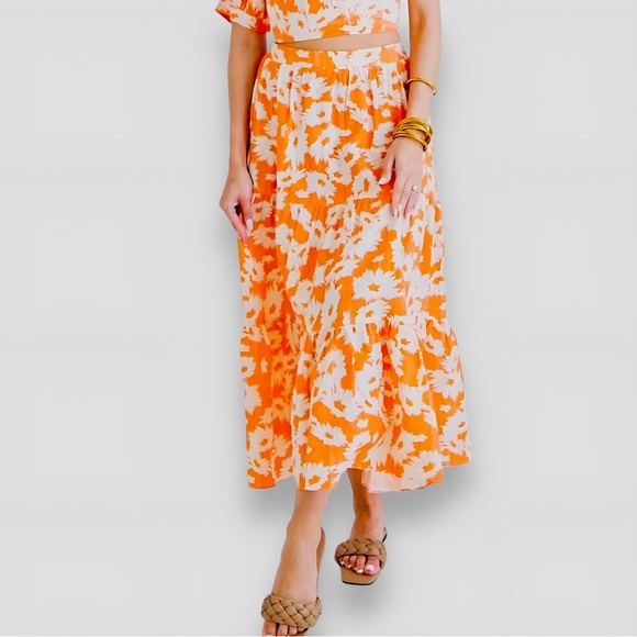 KARLIE 100% Cotton Flowy Tiered Orange Blossom Floral Maxi Ruffle Skirt POCKETS - Picture 1 of 17